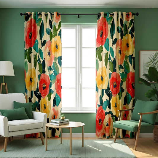 Floral Print Curtains, Vibrant Red & Yellow Poppies with Green Leaves