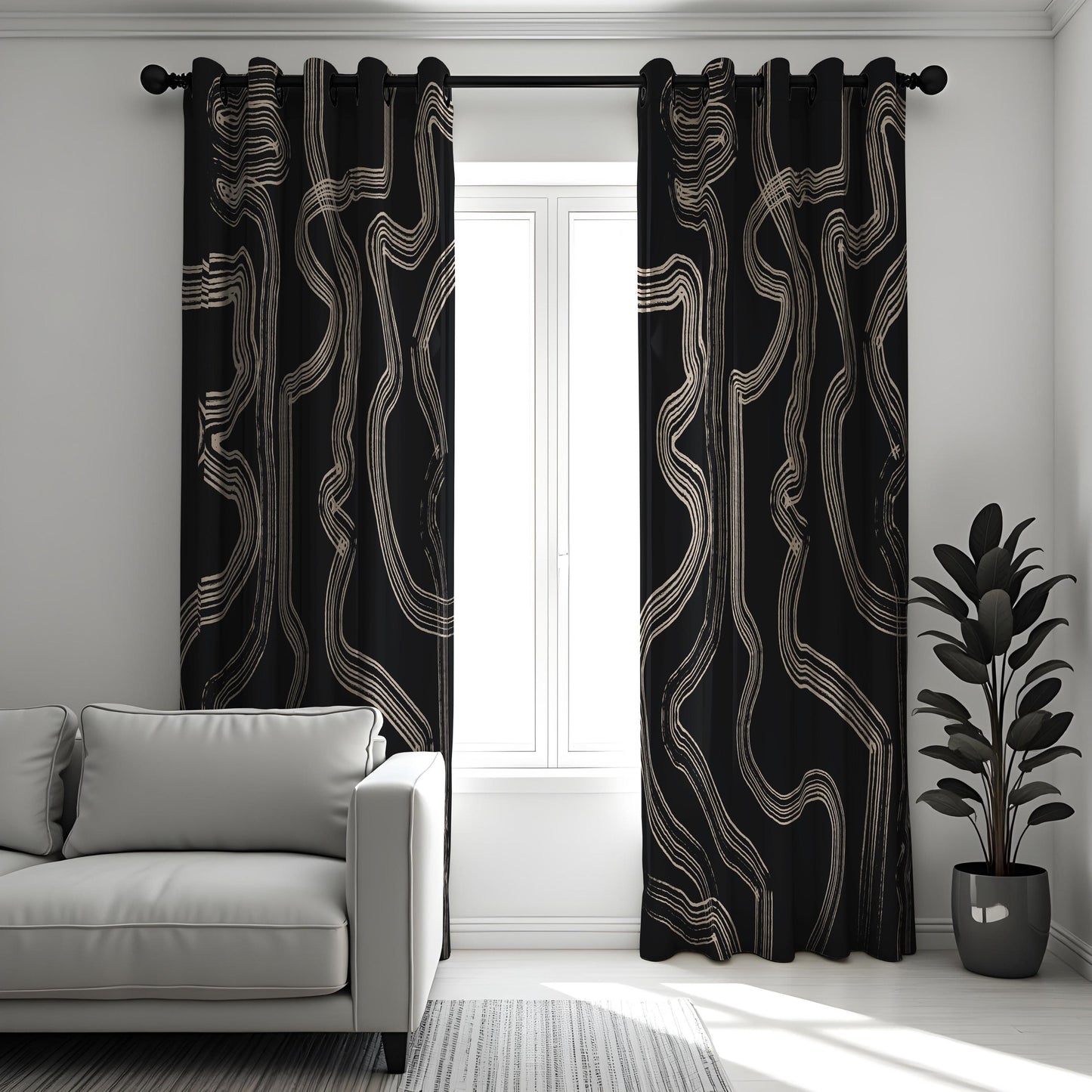 Abstract Black & Beige Line Curtains, Modern Geometric Drapes