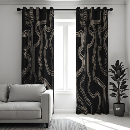 Abstract Black & Beige Line Curtains, Modern Geometric Drapes
