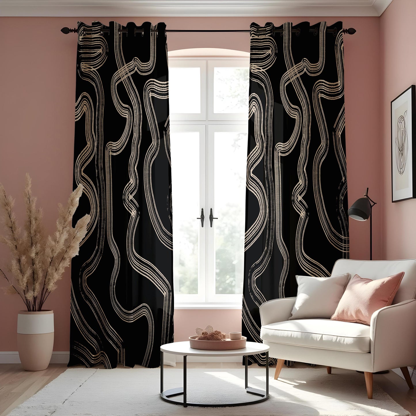 Abstract Black & Beige Line Curtains, Modern Geometric Drapes