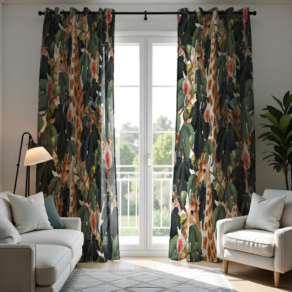 Tropical Jungle Giraffes Curtains, Floral and Foliage Safari Drapes