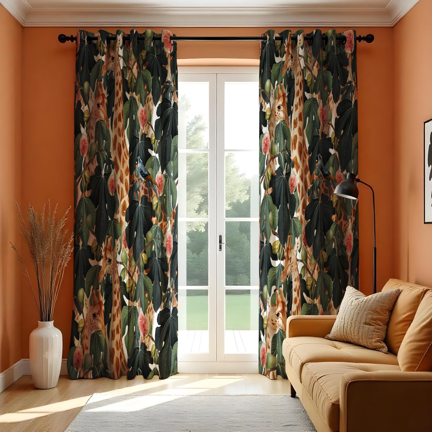 Tropical Jungle Giraffes Curtains, Floral and Foliage Safari Drapes