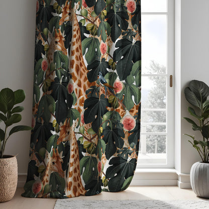 Tropical Jungle Giraffes Curtains, Floral and Foliage Safari Drapes