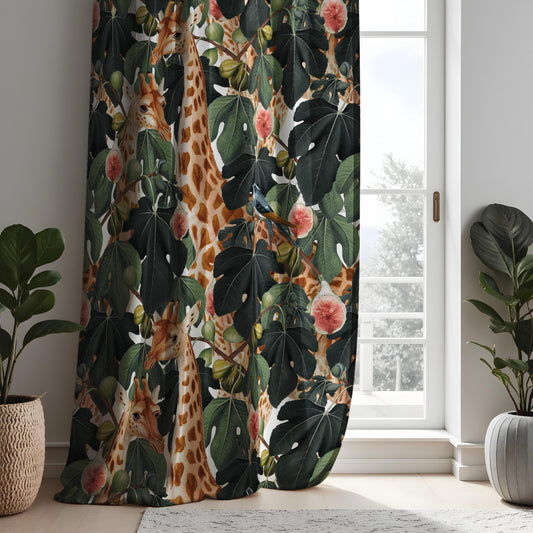 Tropical Jungle Giraffes Curtains, Floral and Foliage Safari Drapes