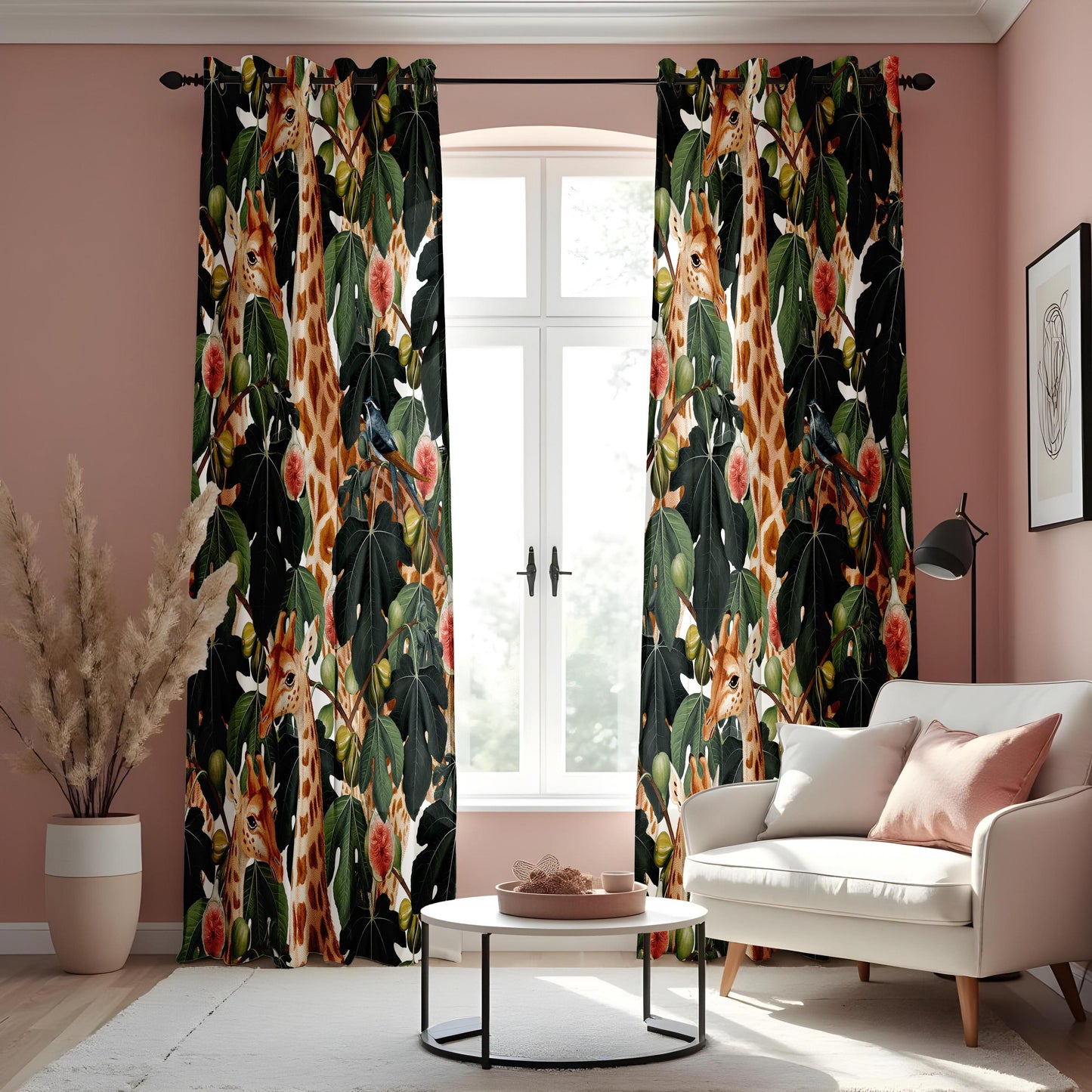 Tropical Jungle Giraffes Curtains, Floral and Foliage Safari Drapes
