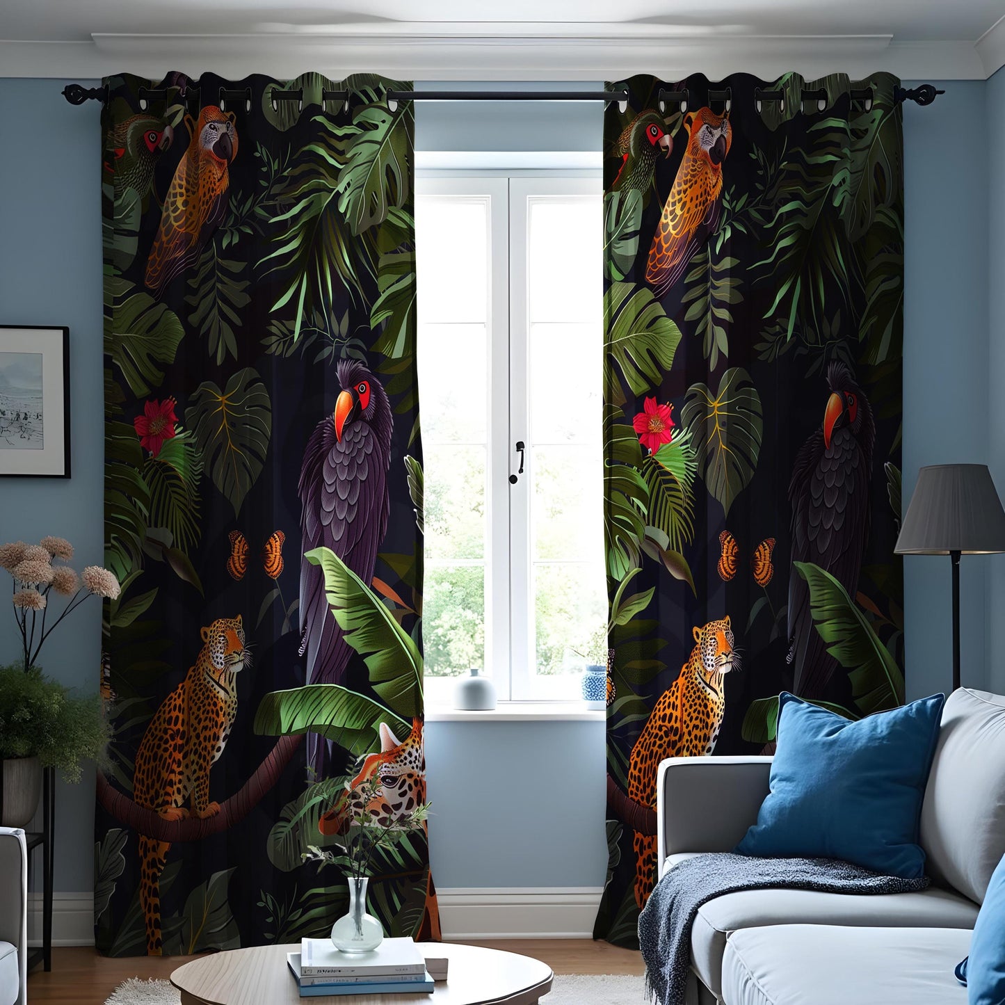 Exotic Jungle Print Curtains, Tropical Animals & Birds Drapes