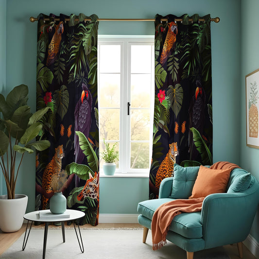 Exotic Jungle Print Curtains, Tropical Animals & Birds Drapes