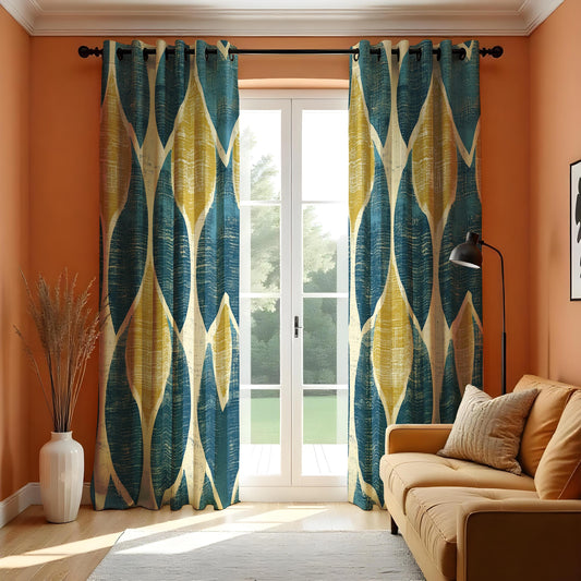 Geometric Blue and Yellow Curtains, Abstract Modern Pattern Drapes