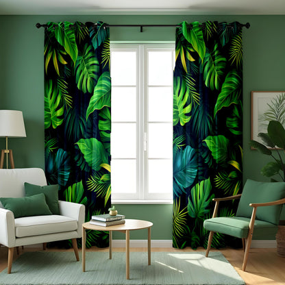 Tropical Leaf & Lush Green Curtains, Monstera and Fern Print Drapes