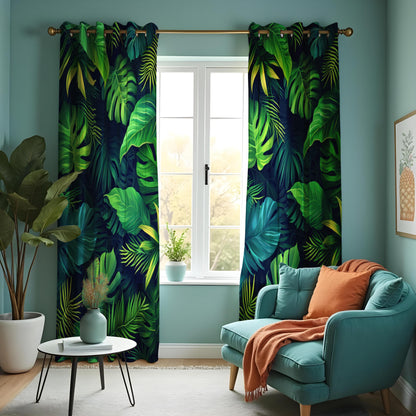 Tropical Leaf & Lush Green Curtains, Monstera and Fern Print Drapes