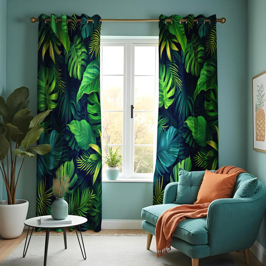 Tropical Leaf & Lush Green Curtains, Monstera and Fern Print Drapes