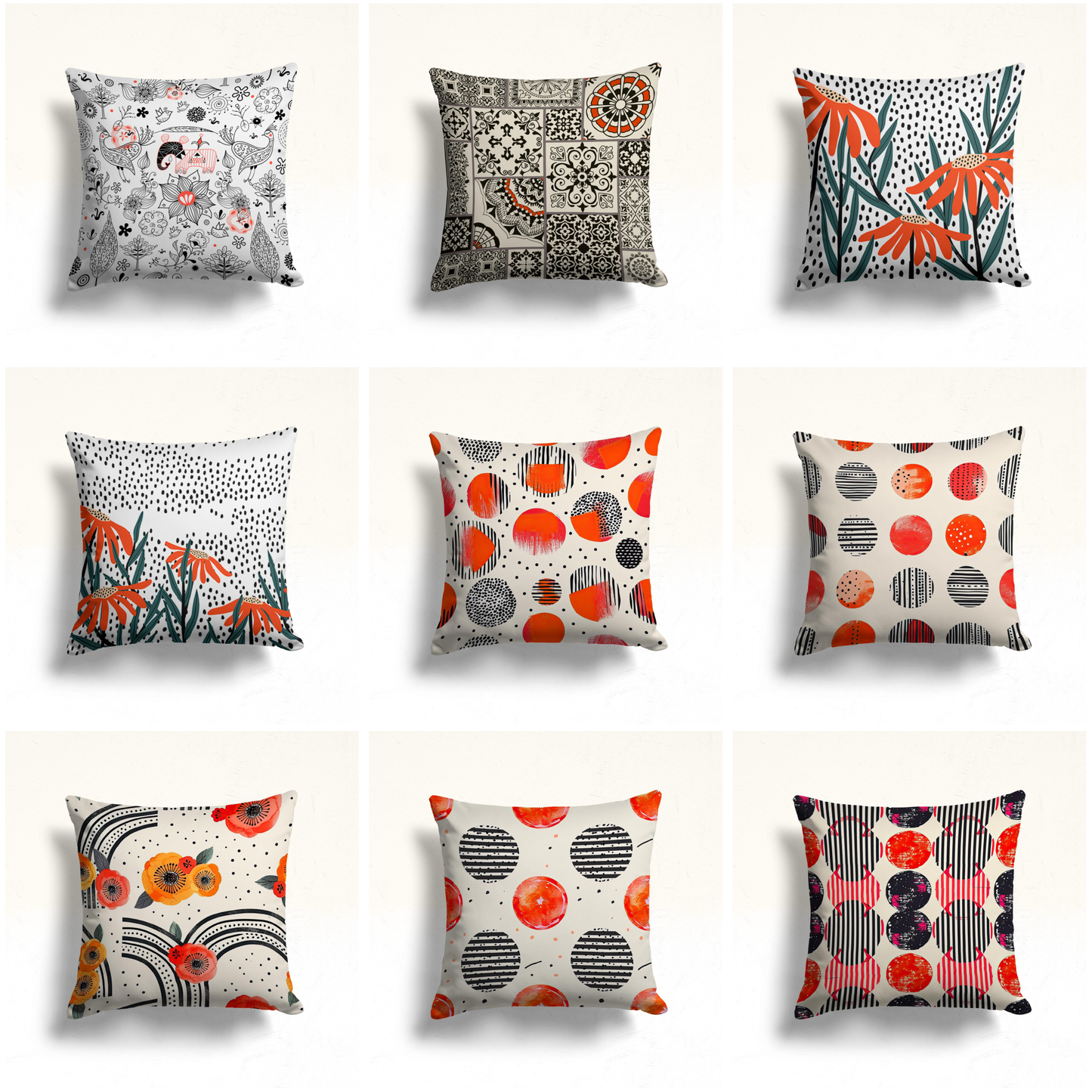 Floral Doodle Monochrome Cushion Cover, Vintage Tile Pattern