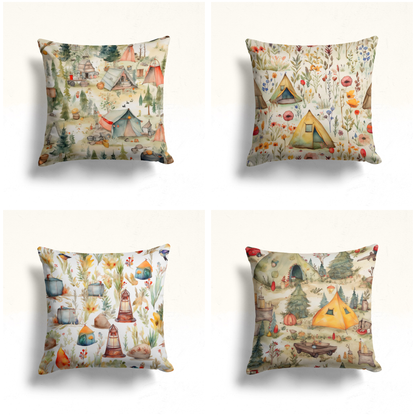 Watercolor Camping Scene Cushion Cover, Rustic Outdoor Adventure