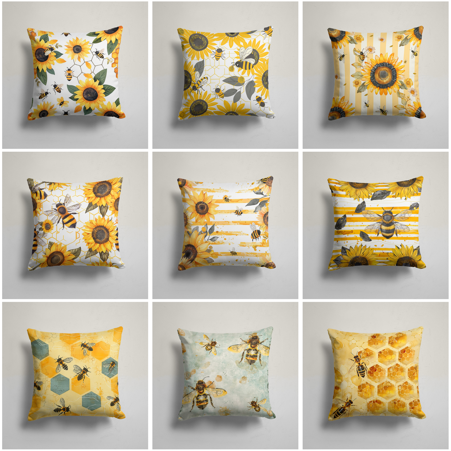 Honeycomb Sunflower Pattern Cushion Cover with Bees, Stripe