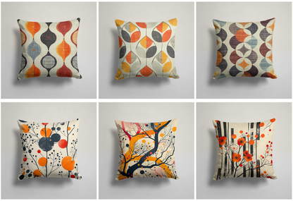 Retro Geometric Cushion Cover, Abstract Leaves, Gray Floral