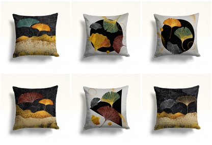 Golden Ginkgo Leaves Cushion Cover, Black Abstract Circle