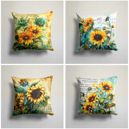 Sunflower Notes Cushion Cover, Artful Design with Script and Music