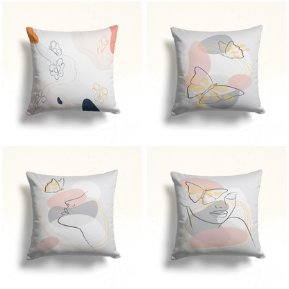 Abstract Line Art Cushion Cover, Floral Silhouette Pastel Decor