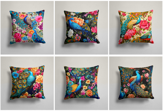 Peacock Floral Symphony Cushion Cover, Exotic Floral Charm
