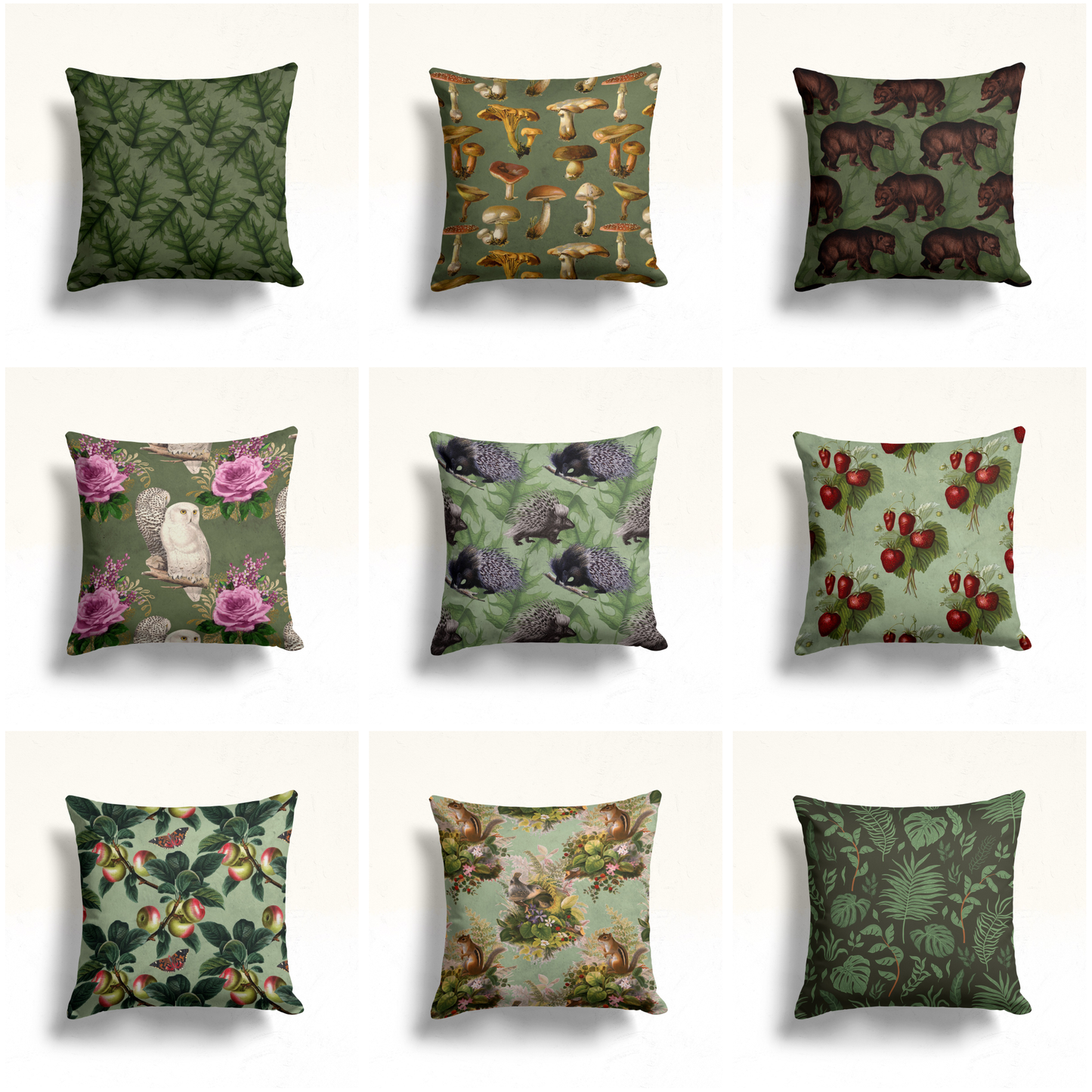 Owl and Roses Cushion Cover, Forest Pine Needle Deep Green