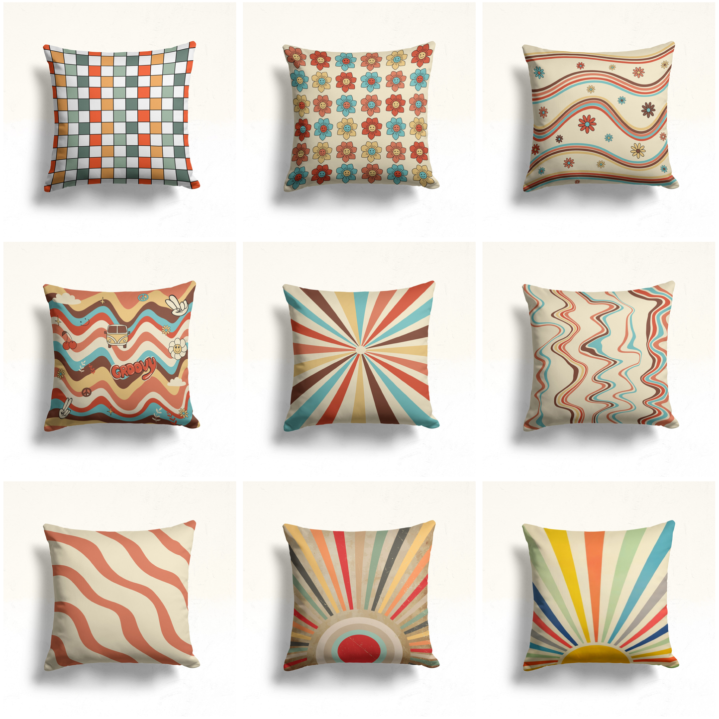 Vintage Checkered Pattern Cushion Cover, Retro Floral Squares